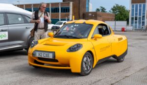 The Riversimple car is powered by hydrogen and a fuel cell, with a cruise of 60 mph, and a range of 300 miles.