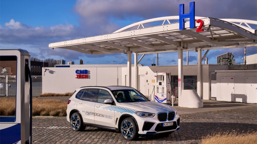 BMW iX5 hydrogen fuel cell car parked at hydrogen filling station Germany