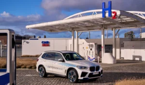 BMW iX5 hydrogen fuel cell car parked at hydrogen filling station Germany