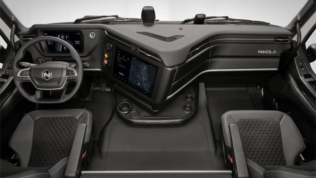 Nikola Corporation Motors hydrogen fuel cell electric trucks interior cab image photo July 2024