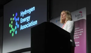 Hydrogen Energy Association's former CEO Celia Greaves talks at the HEA annual conference. (Image: HEA)