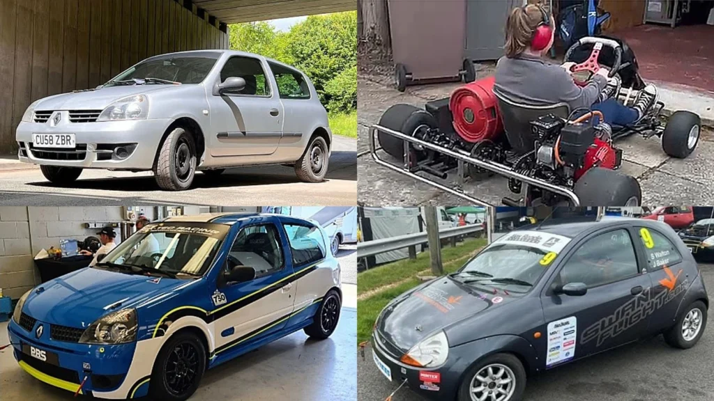 A collage of Tees Valley Motorsport’s hydrogen-powered vehicles, including a Renault Clio, Ford, and hydrogen ProKart.