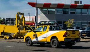 Hydrogen-powered yellow Toyota Hilux pick-up in use by Schiphol Airport’s Bird Control team.