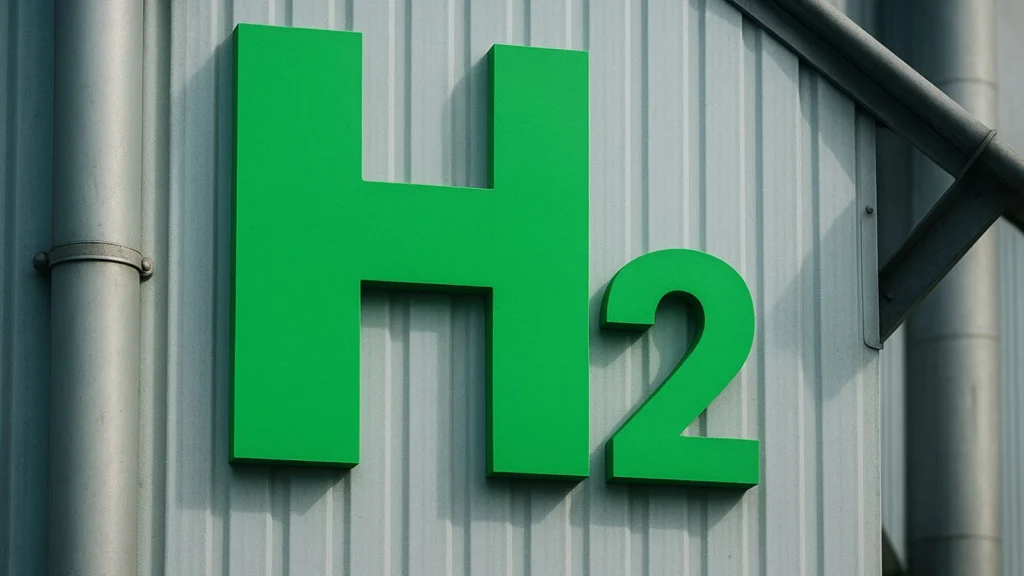 Green H₂ symbol on the side of an industrial factory building