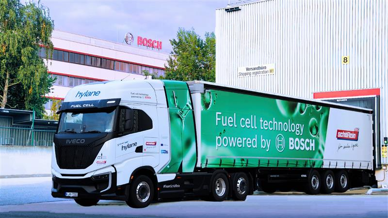 Bosch hydrogen fuel cell truck operating at Nuremberg plant, powered by Bosch FCPM and operated by Schäflein
