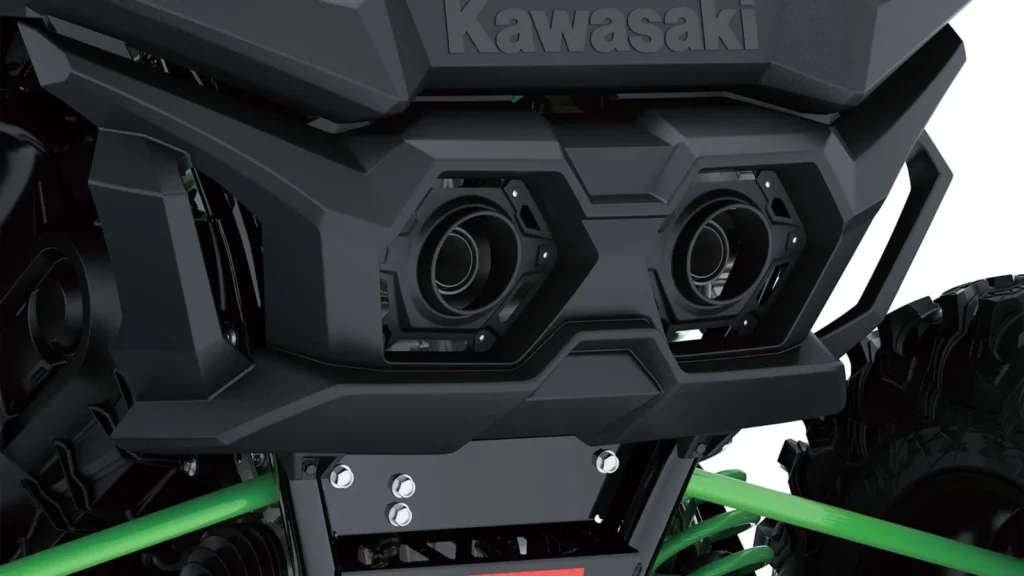 Close-up of Kawasaki Teryx H2 hydrogen side-by-side rear exhaust system