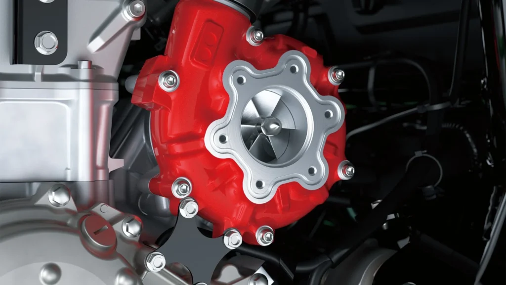 Detailed view of Kawasaki Teryx H2 supercharger unit finished in red