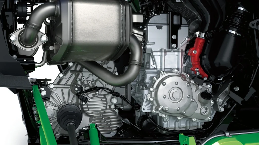 Close-up of the Kawasaki Teryx H2 hydrogen combustion engine and components