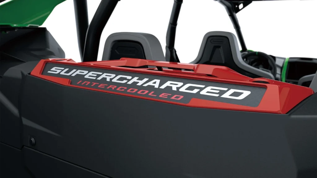 Red intercooler panel of Kawasaki Teryx H2 hydrogen side-by-side