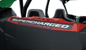 Red intercooler panel of Kawasaki Teryx H2 hydrogen side-by-side