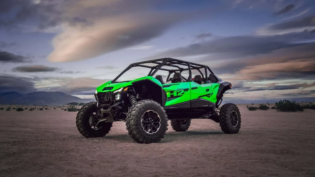 Kawasaki Teryx H2 Hydrogen Edition side-by-side in bright green under desert skies
