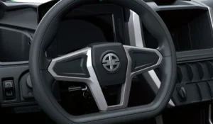 Close-up of Kawasaki Teryx H2 hydrogen UTV steering wheel and controls