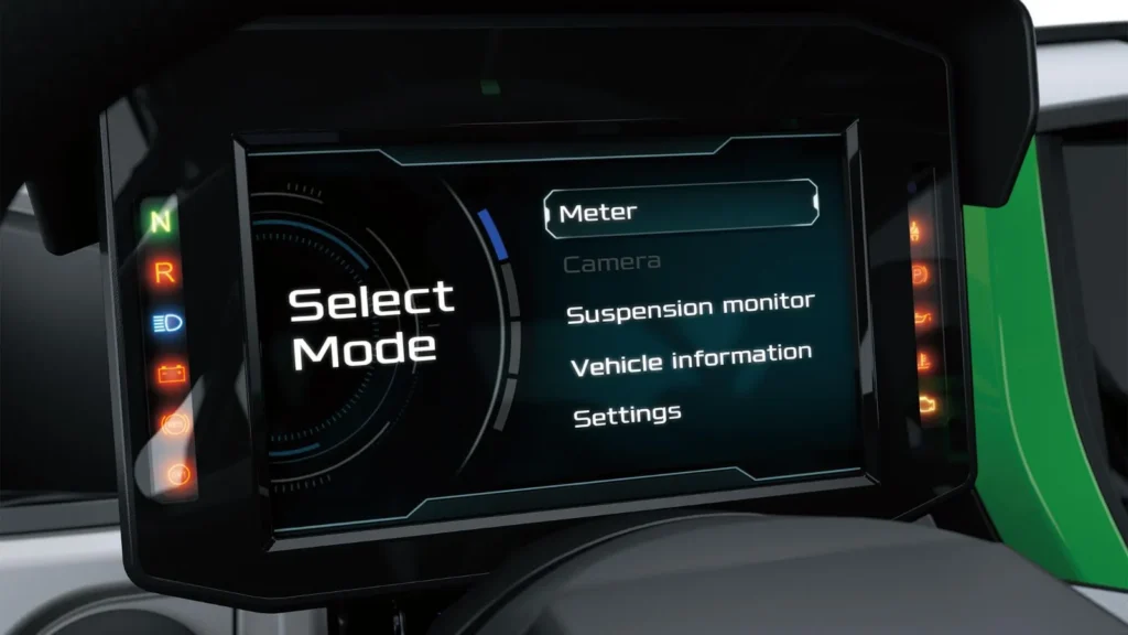 Close-up of Kawasaki Teryx H2 digital instrument screen showing mode selection