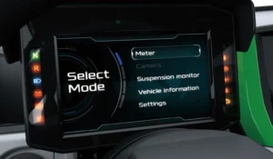 Close-up of Kawasaki Teryx H2 digital instrument screen showing mode selection