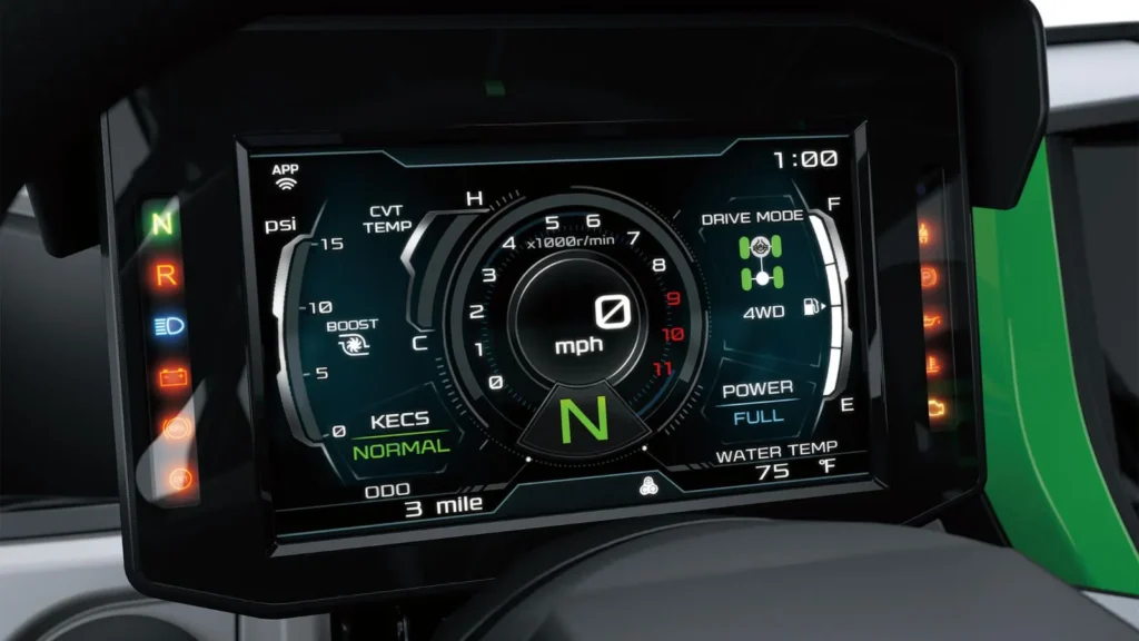 Digital dashboard of Kawasaki Teryx H2 hydrogen UTV with boost and power gauges