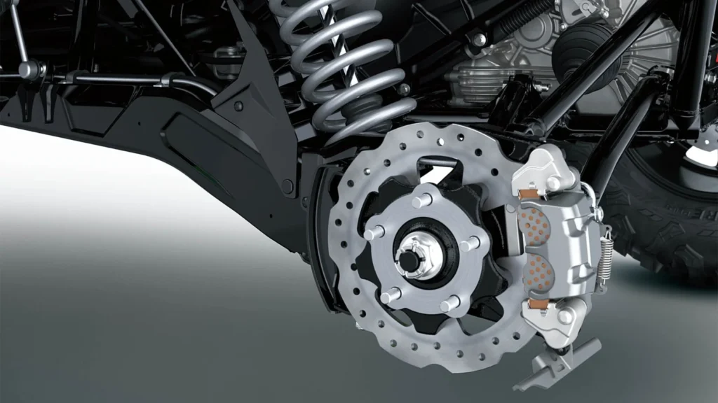 Close-up of Kawasaki Teryx H2 brake disc and suspension components