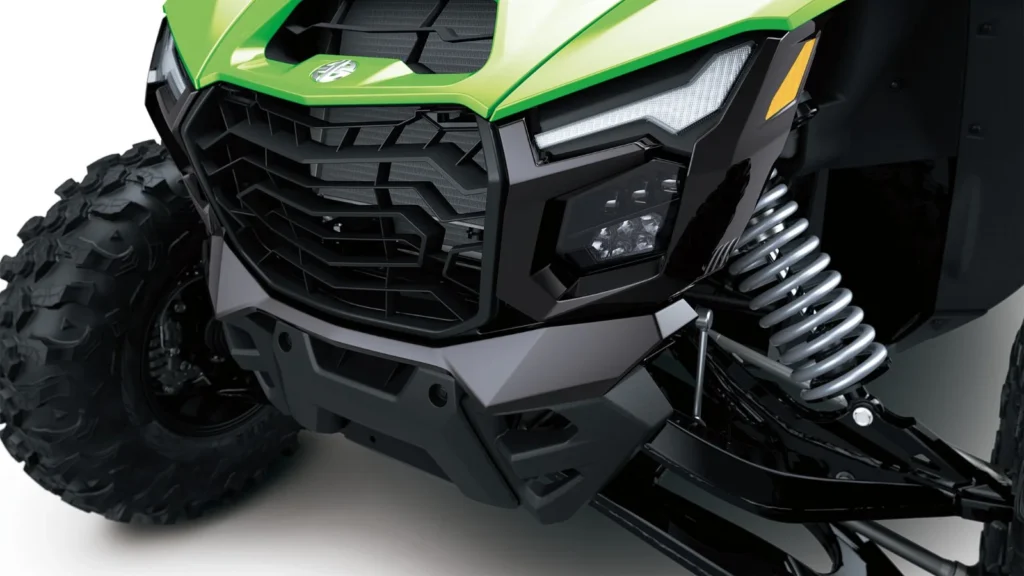 Close-up of Kawasaki Teryx H2 hydrogen UTV front suspension and headlight design