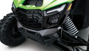 Close-up of Kawasaki Teryx H2 hydrogen UTV front suspension and headlight design