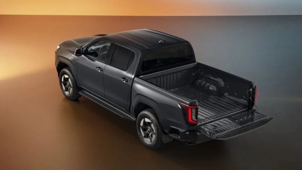 Overhead view of Toyota Hilux BEV with open tailgate and rear bed