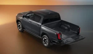 Overhead view of Toyota Hilux BEV with open tailgate and rear bed