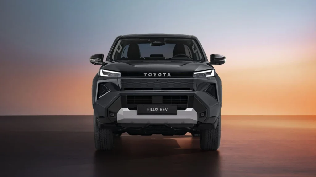 The 2026 Toyota Hilux BEV with aerodynamic front styling and slim LED headlights