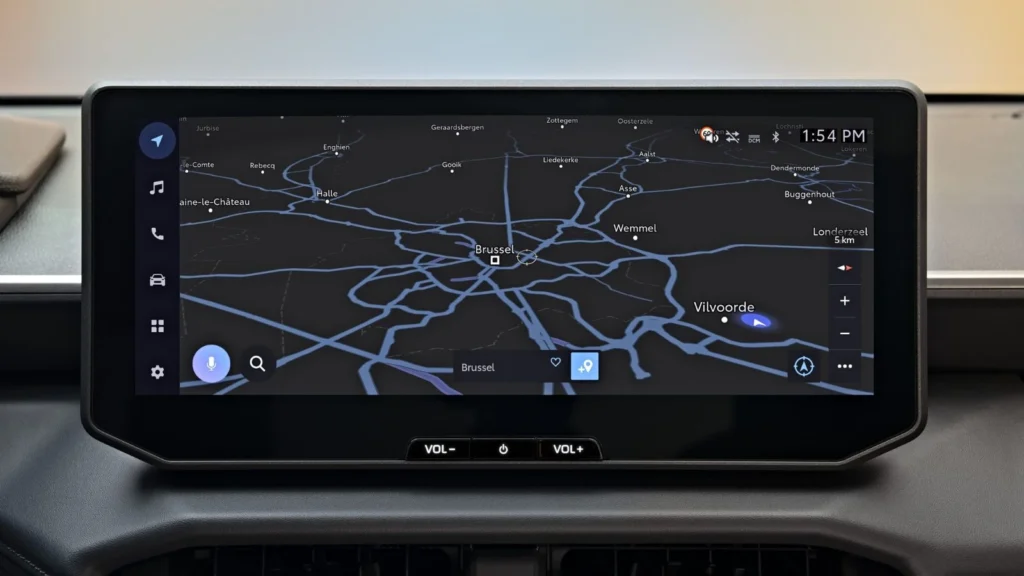 12.3-inch infotainment touchscreen of the Toyota Hilux BEV displaying map navigation
