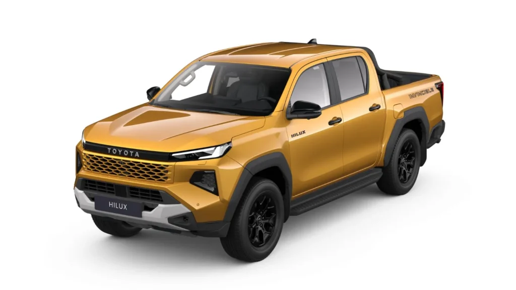 The 2026 Toyota Hilux Hybrid 48V showing its bold new front design and gold finish