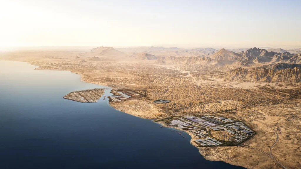 Aerial view of NEOM’s Octagon development in Saudi Arabia, a coastal hub supporting green hydrogen production and renewable energy projects