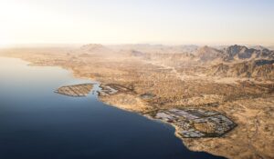 Aerial view of NEOM’s Octagon development in Saudi Arabia, a coastal hub supporting green hydrogen production and renewable energy projects