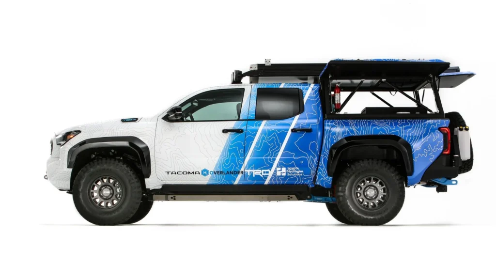 Side profile of Toyota Tacoma H2-Overlander with blue hydrogen livery