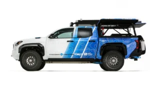 Side profile of Toyota Tacoma H2-Overlander with blue hydrogen livery