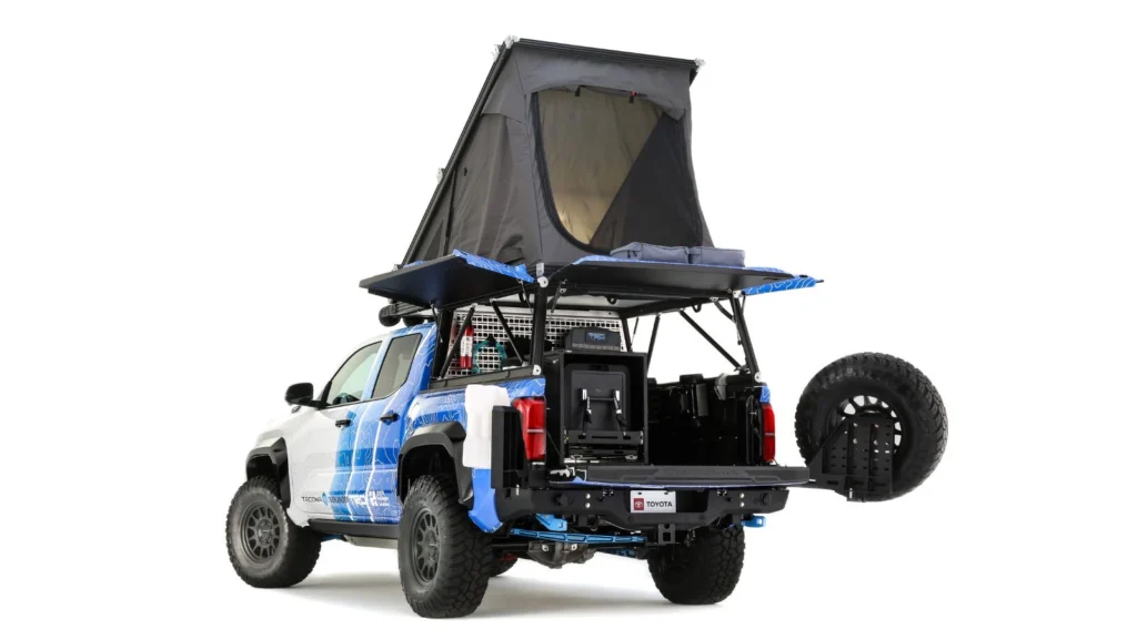 Toyota Tacoma H2-Overlander rear storage open showing off-grid equipment