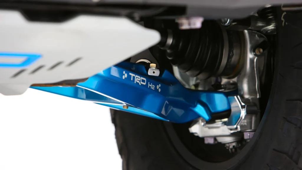 Toyota Tacoma H2 TRD undercarriage showing blue control arms
