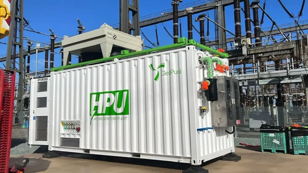 GeoPura Hydrogen Power Unit (HPU) delivering zero-emission electricity using hydrogen fuel cells at an industrial site