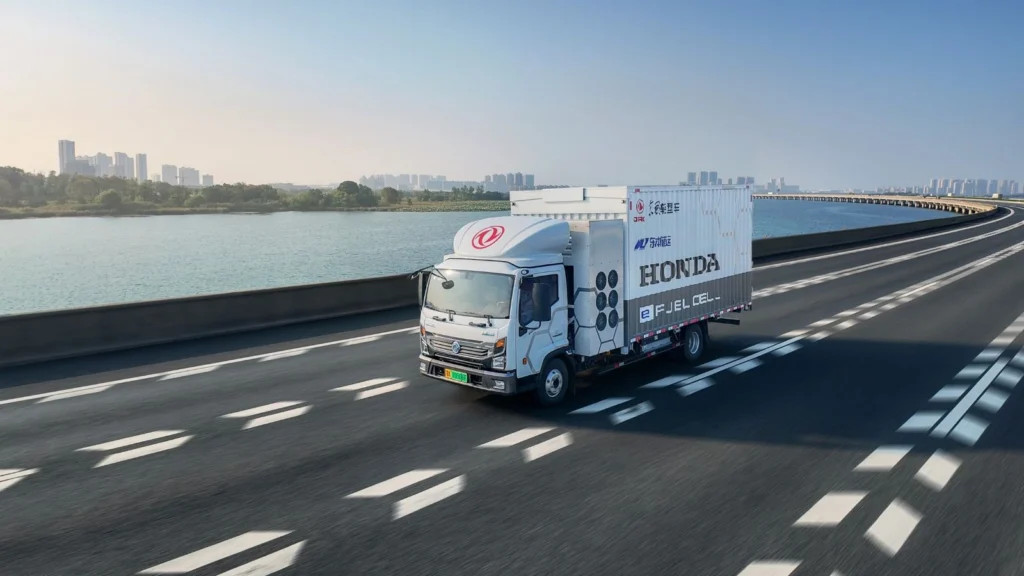 Honda and Dongfeng hydrogen fuel-cell truck driving on highway in China