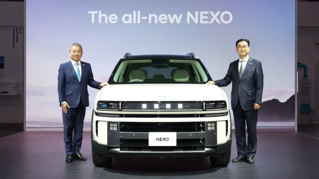 Hyundai executives present the all-new NEXO hydrogen SUV at the Japan Mobility Show 2025
