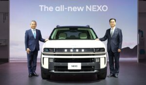 Hyundai executives present the all-new NEXO hydrogen SUV at the Japan Mobility Show 2025