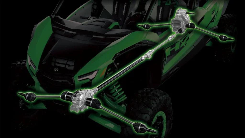 Kawasaki Teryx H2 drivetrain system with illuminated green powertrain