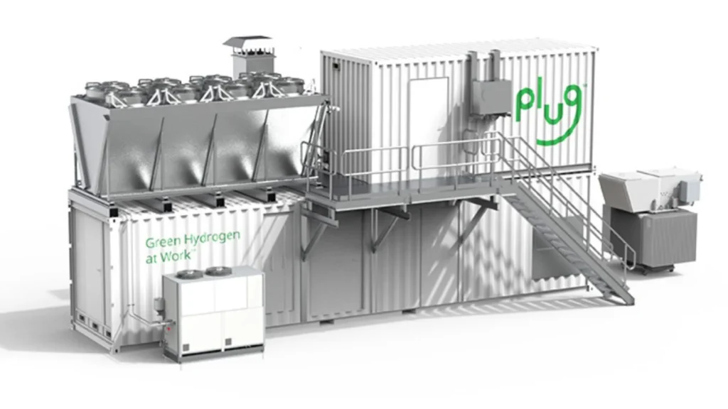 Plug Power containerised electrolyser system for green hydrogen production, featuring cooling units and “Green Hydrogen at Work” branding