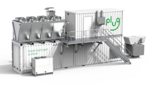 Plug Power containerised electrolyser system for green hydrogen production, featuring cooling units and “Green Hydrogen at Work” branding