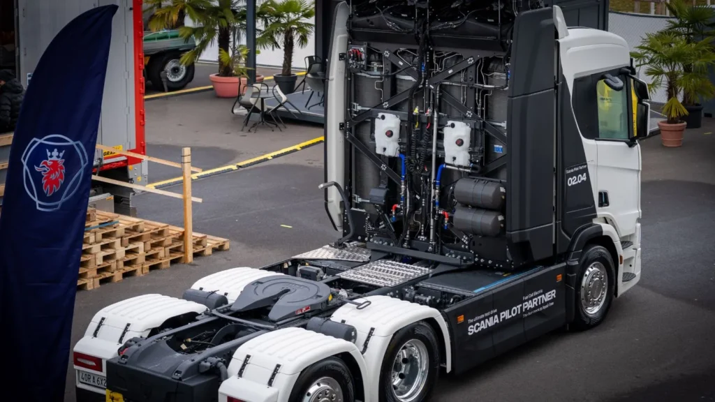 Rear view of Scania’s hydrogen fuel cell electric truck showing hydrogen tanks and components, part of Pilot Partner programme.