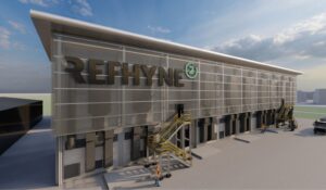 Digital render of Shell’s REFHYNE 2 electrolyser facility in Germany, designed to produce up to 16,000 tonnes of renewable hydrogen per year.