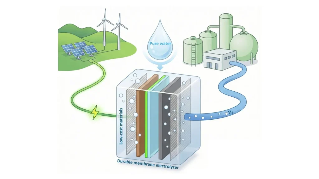 Low-cost, durable electrolysers (center) could use sustainable power from wind and solar to turn pure water into hydrogen gas that can fuel industrial plants as well as heavy vehicles.