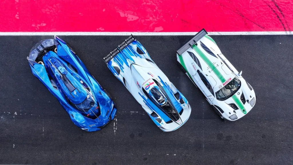 Top view of Alpine Alpenglow HY6, MissionH24 H24EVO and Ligier JS2 RH2 hydrogen cars