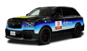 Toyota Century fuel cell electric vehicle (FCEV) hydrogen SUV with Beyond Zero branding, front three-quarter view